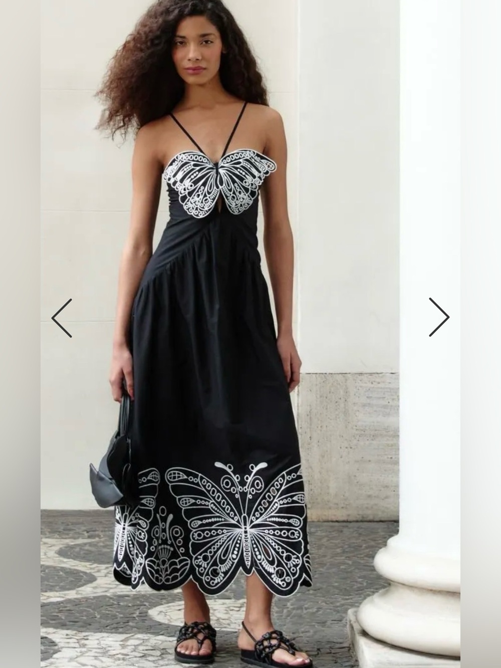 FARM Rio Black Midi Dress with White Butterfly Embroidery